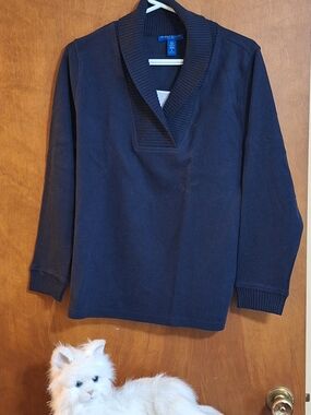 Karen Scott Navy Shawl-Collar Pullover